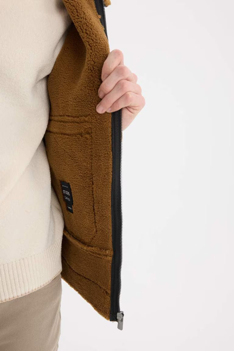 Slim Fit Polo Collar Faux Fur Lined Zippered Jacket - -