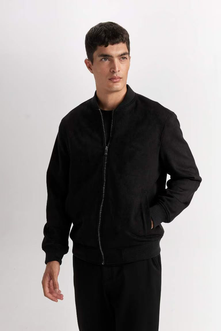 Slim Fit College Collar Zippered Suede Bomber Jacket - - Black