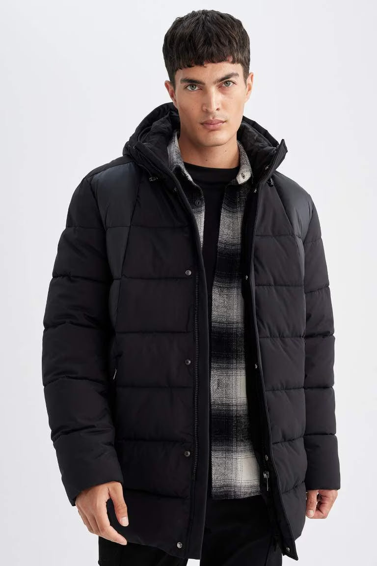 Slim Fit Hooded Half Lined Jacket - - Black