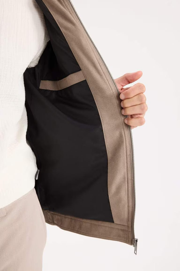 Slim Fit Stand Collar Zippered Suede Look Jacket - -