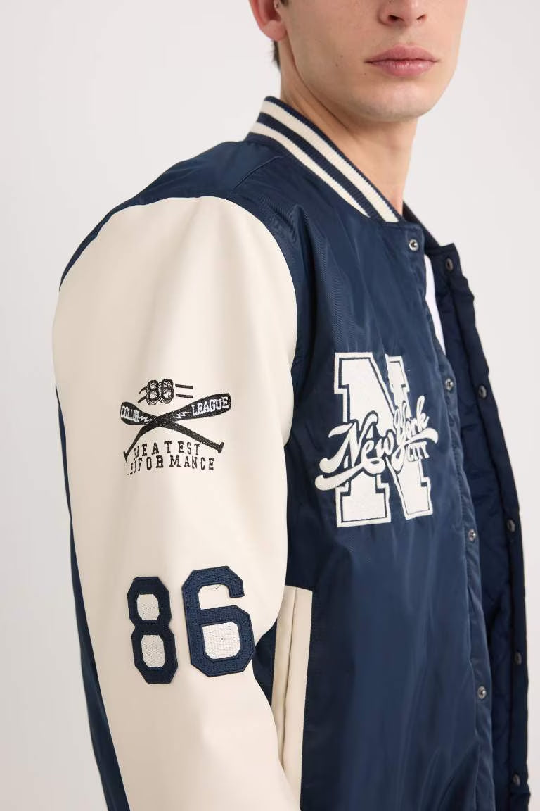 Waterproof Oversize Fit College Collar Embroidered Bomber Jacket - -