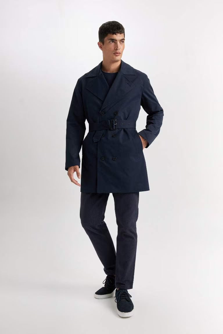 Slim Fit Buttoned Belted Trench Coat - - Navy