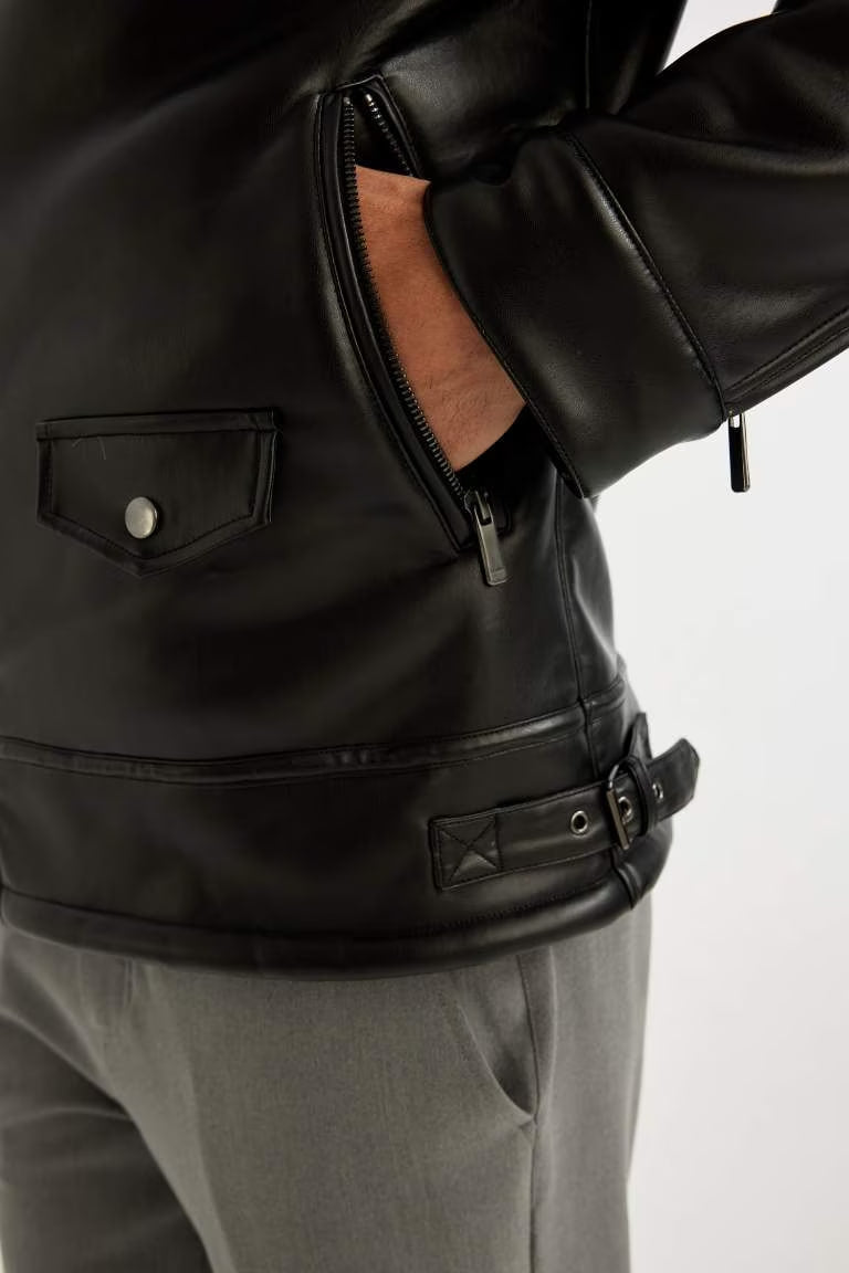 Slim Fit Lined Faux Leather Jacket - -