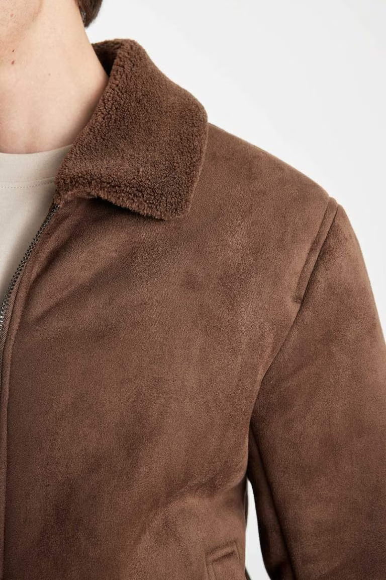 Slim Fit Lined Suede Puffer Jacket - -
