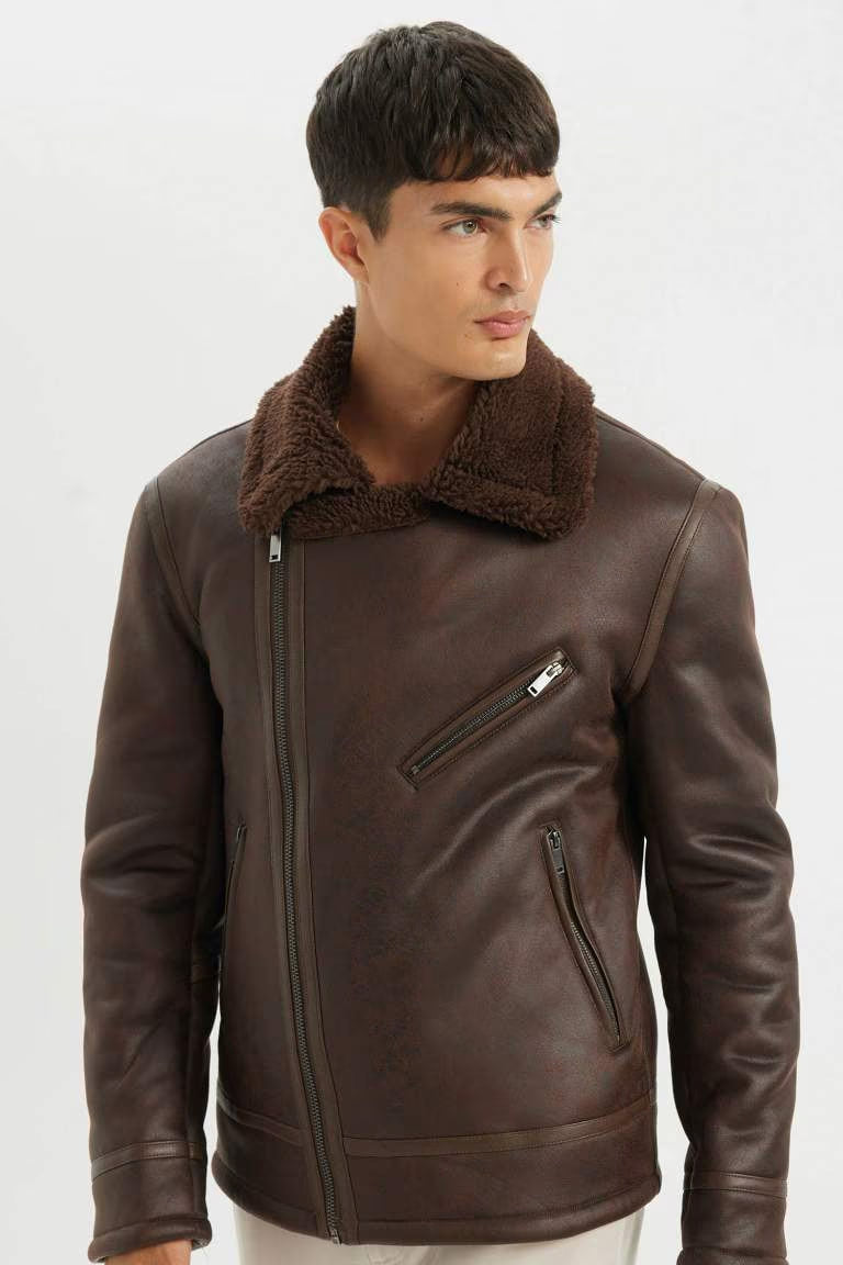 Slim Fit Faux Fur Lined Faux Leather Puffer Jacket - - Brown