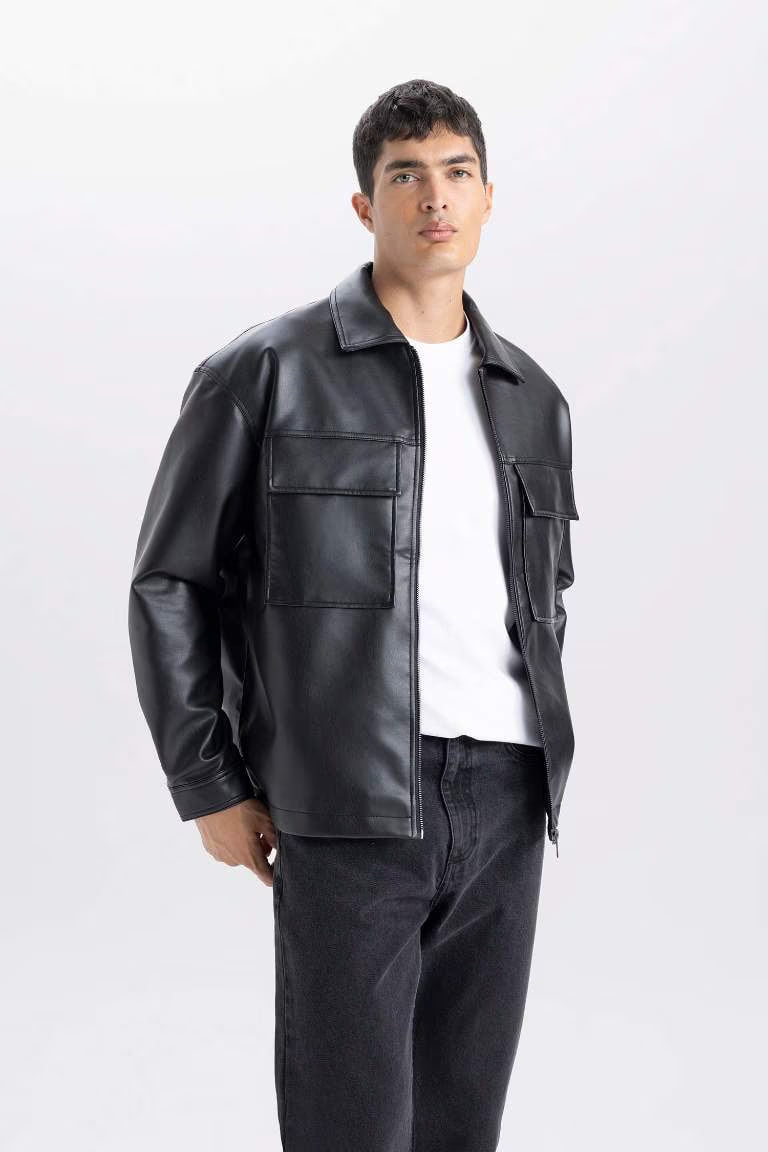 Oversize Fit Shirt Collar Zippered Waterproof Jacket - -