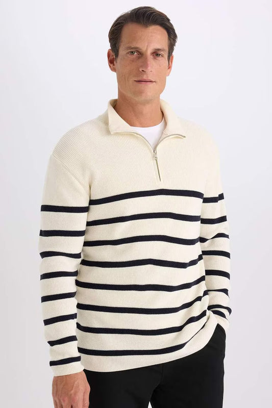 Standard Fit Stand Collar Striped Zippered Pullover - - Ecru