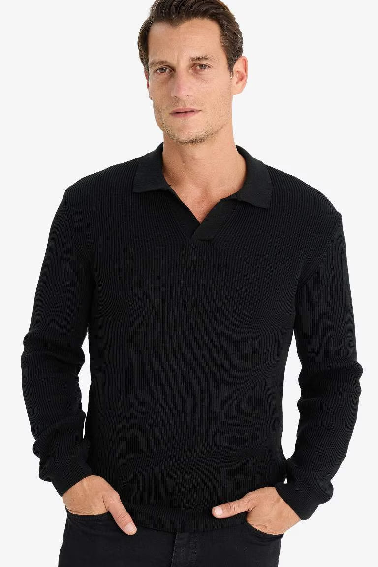 Standard Fit Polo Neck Knitted Pullover - - Black