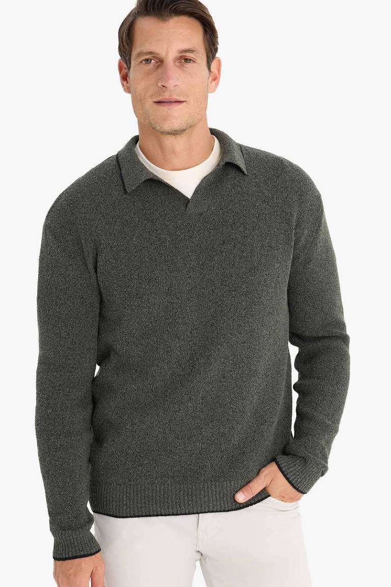 Standard Fit Polo Neck Knitted Pullover - - Gray