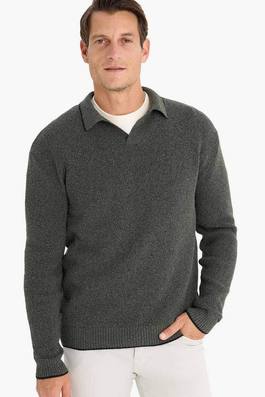 Standard Fit Polo Neck Knitted Pullover - - Gray