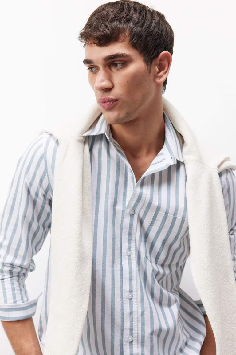 Regular Fit Polo Neck Striped Shirt - - Dark green