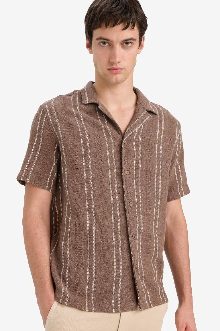 Regular Fit Polo Neck Jacquard Short Sleeve Shirt - - Light brown