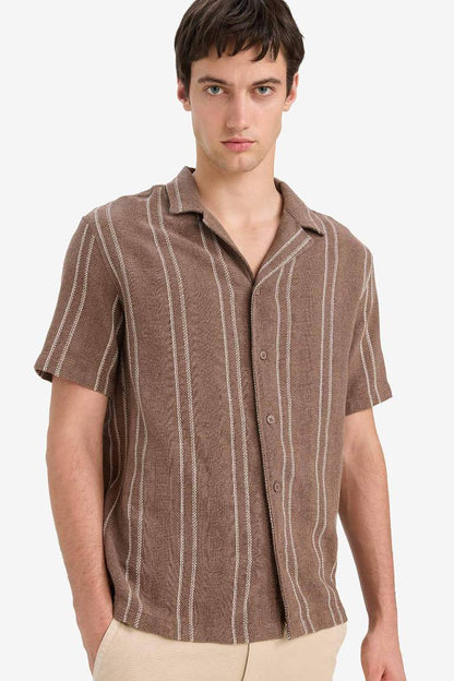 Regular Fit Polo Neck Jacquard Short Sleeve Shirt - - Light brown