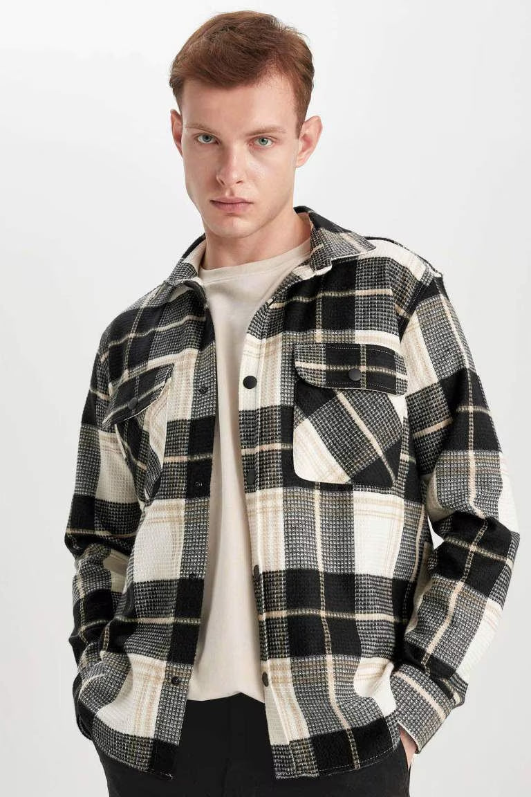 Relax Fit Checkered Cotton Long Sleeve Shirt - - Beige