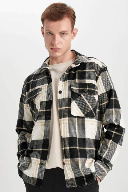 Relax Fit Checkered Cotton Long Sleeve Shirt - - Beige