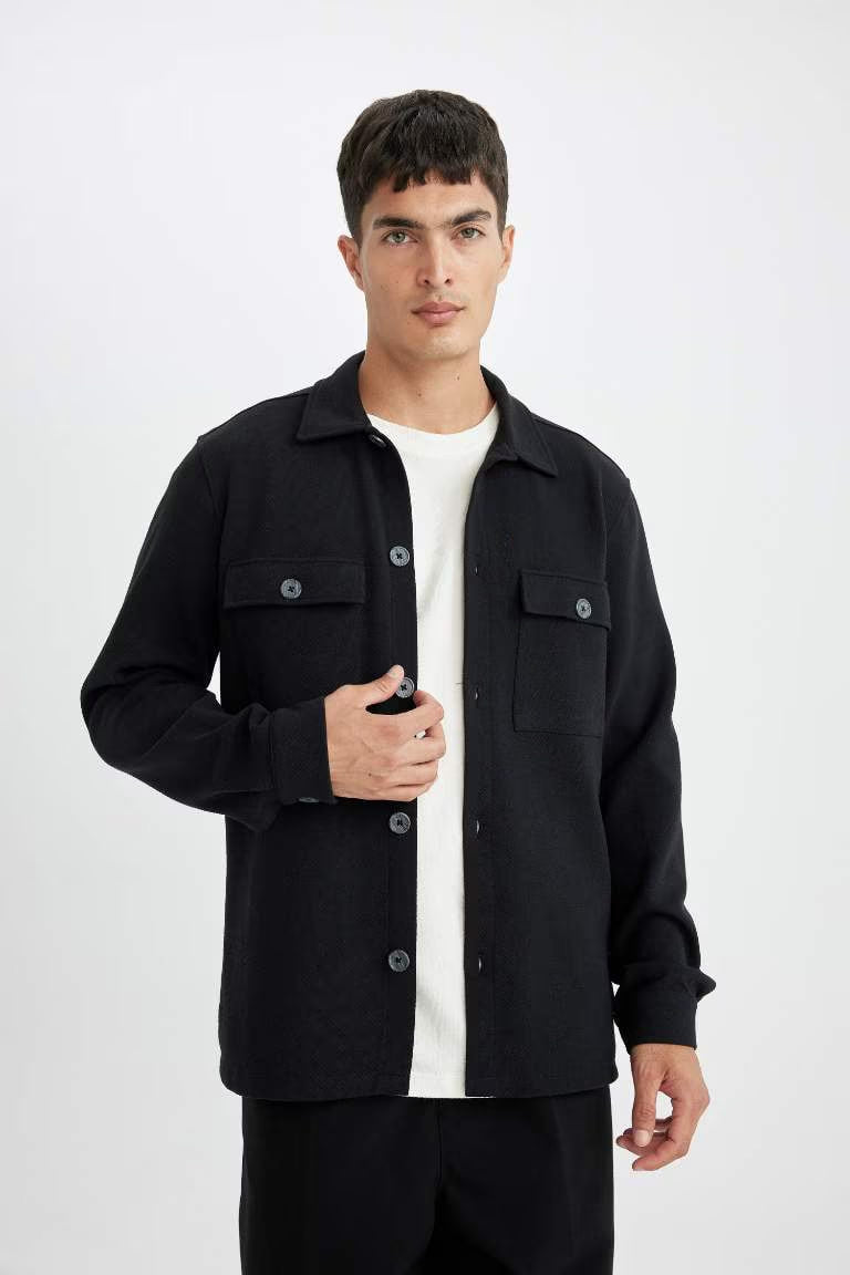 Regular Fit Polo Collar Twill Basic Shirt Jacket - -