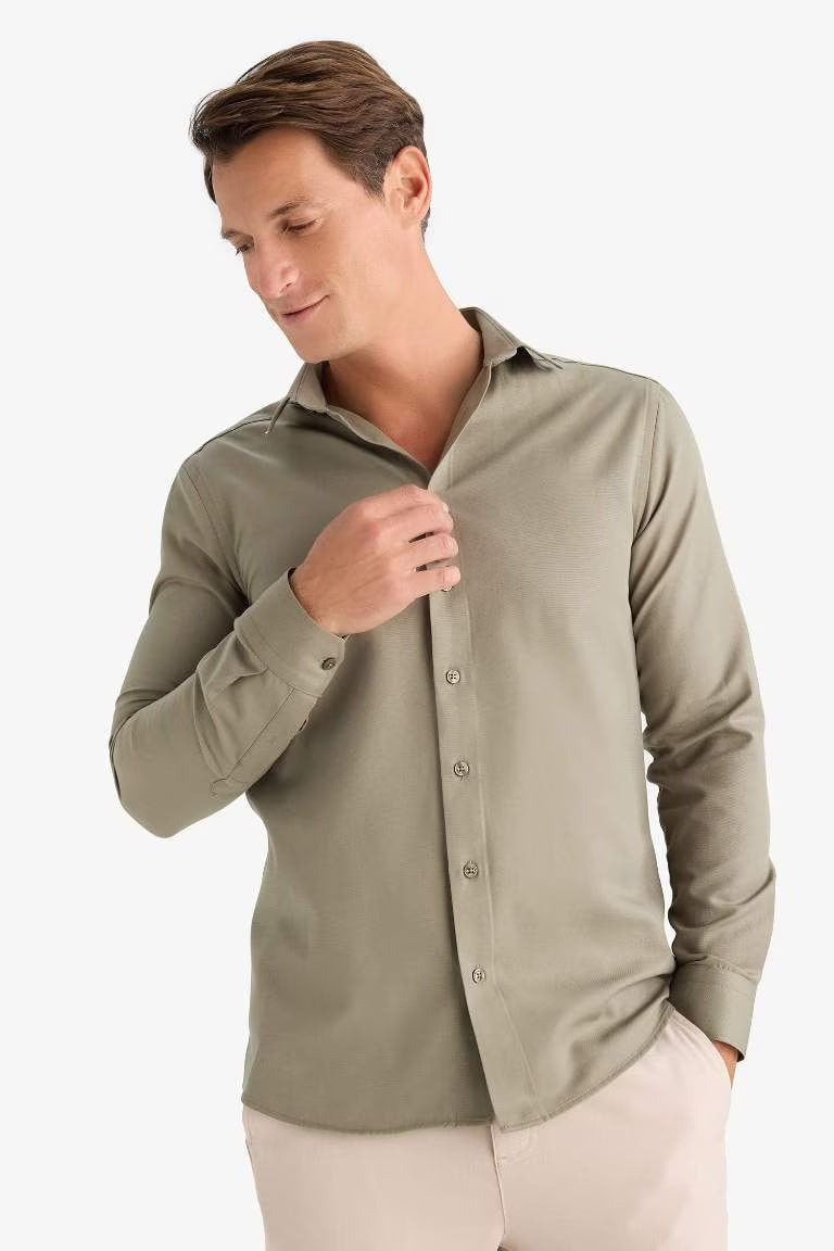 Slim Fit Polo Collar Oxford Long Sleeve Shirt - - Light Khaki