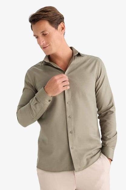 Slim Fit Polo Collar Oxford Long Sleeve Shirt - - Light Khaki