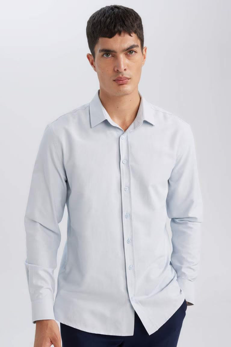 Modern Fit Polo Neck Textured Cotton Long Sleeve Shirt - - sky