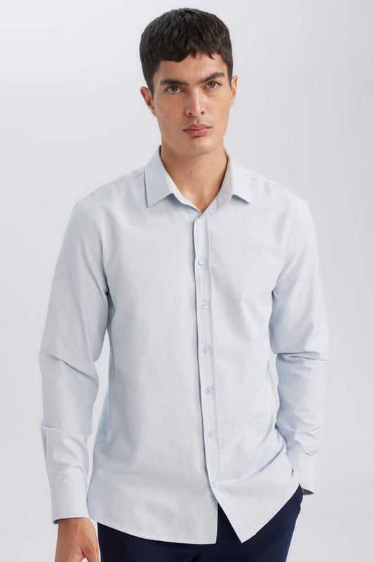 Modern Fit Polo Neck Textured Cotton Long Sleeve Shirt - - sky