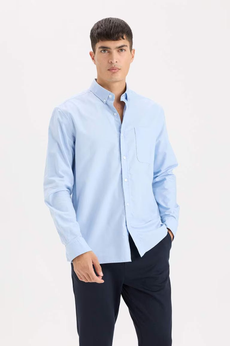 Regular Fit Polo Collar Oxford Long Sleeve Shirt - - sky