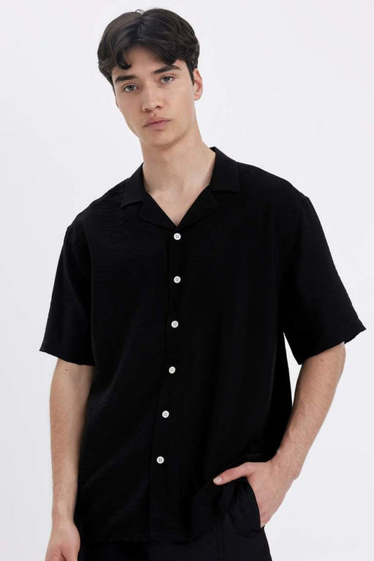 Relax Fit Polo Neck Short Sleeve Shirt - - Black