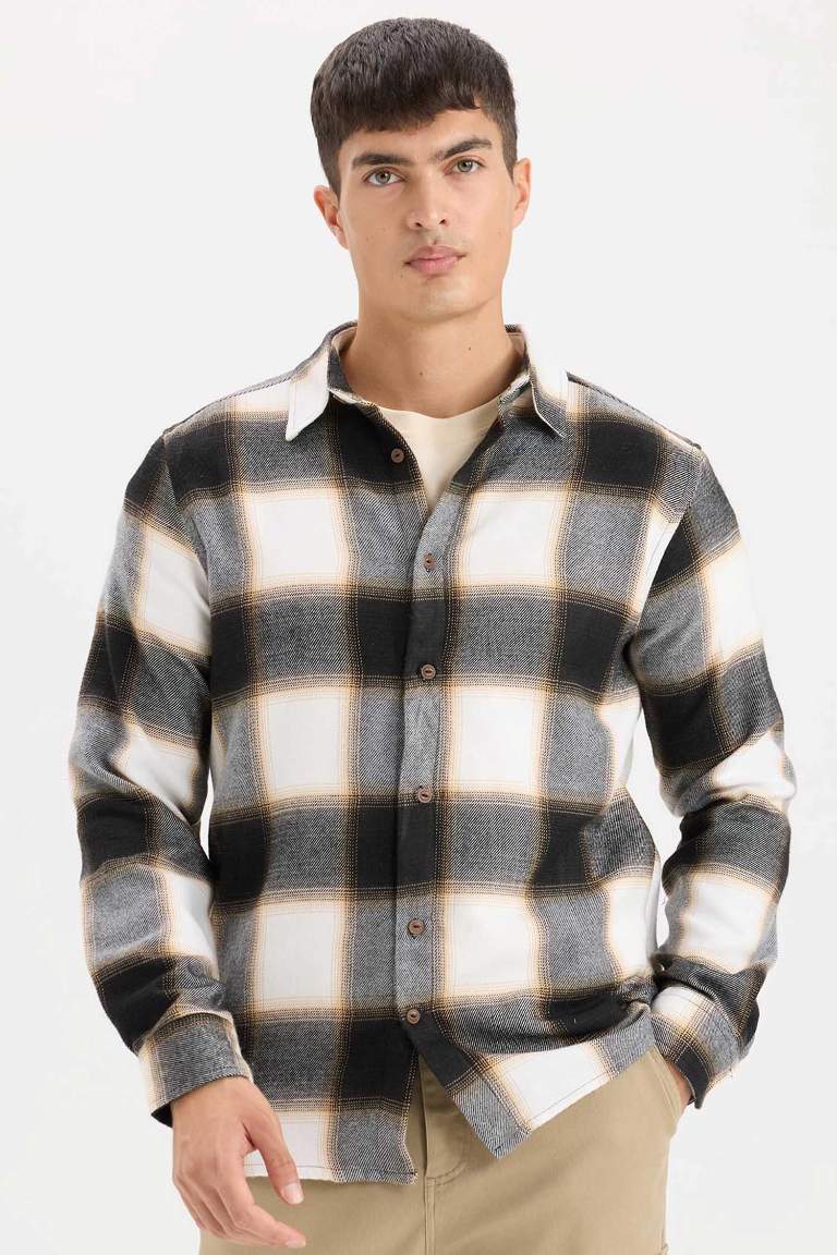 Regular Fit Flannel Long Sleeve Checkered Shirt - - Light brown
