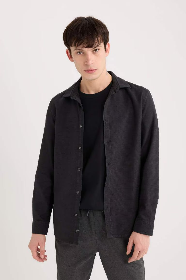 Slim Fit Cotton Long Sleeve Shirt - - Black