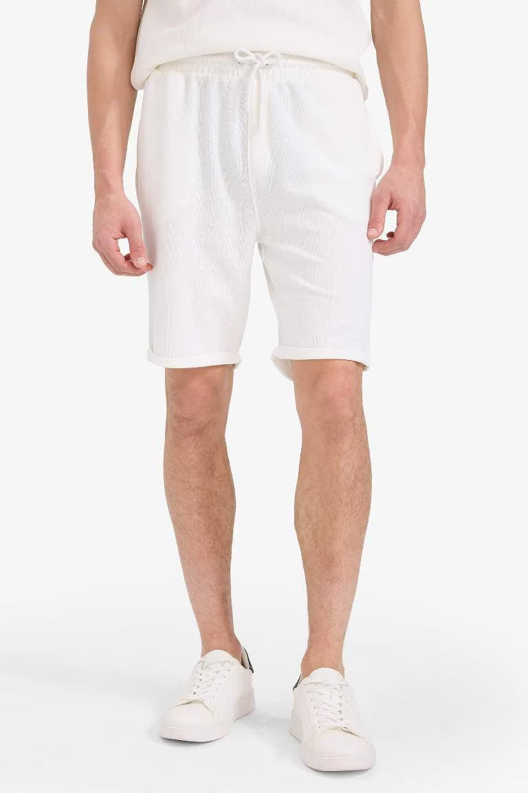 Regular Fit Textured Basic Bermuda Shorts - - Ecru