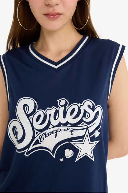 Oversize Fit Printed V-Neck Tank Top - -