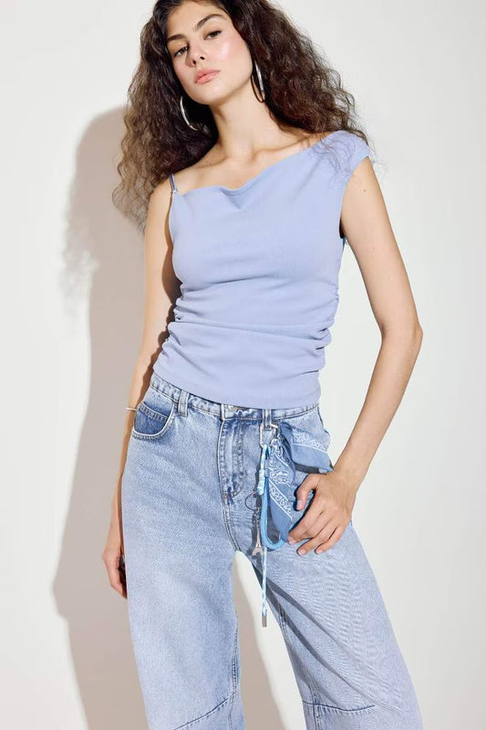 Asymmetric Crepe One Shoulder Tank Top - -