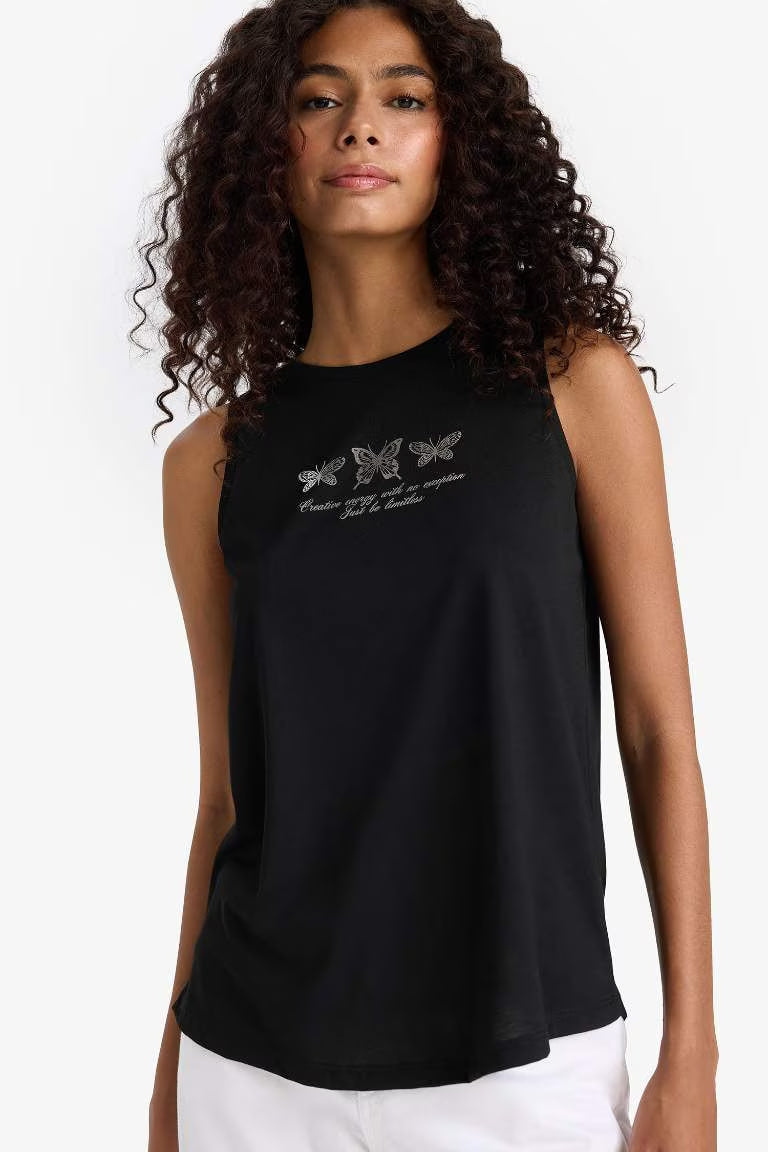 Relax Fit Printed Crew Neck Tank Top - - Black
