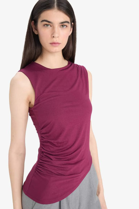 Slim Fit Basic Asymmetric Cut Draped Blouse - - bordeaux
