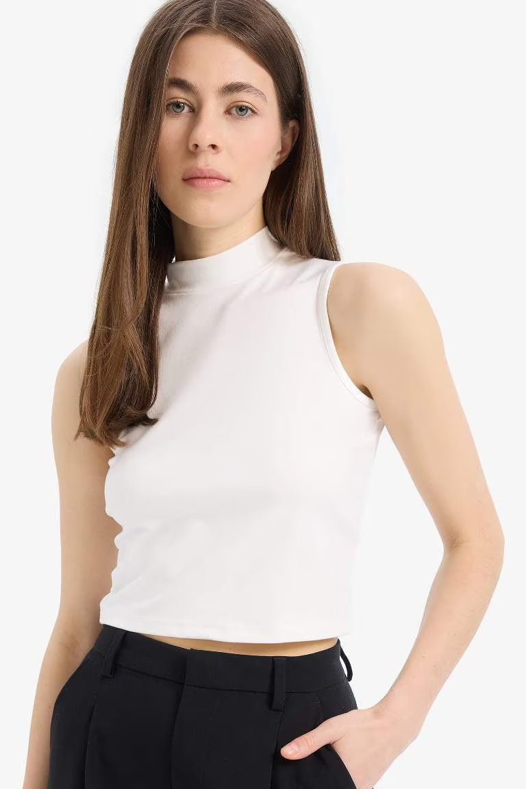Slim Fit Half Turtleneck Tank Top - - Ecru