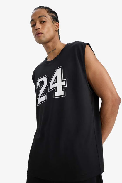 Boxy Fit Printed Crew Neck Sleeveless Tank Top - - Black