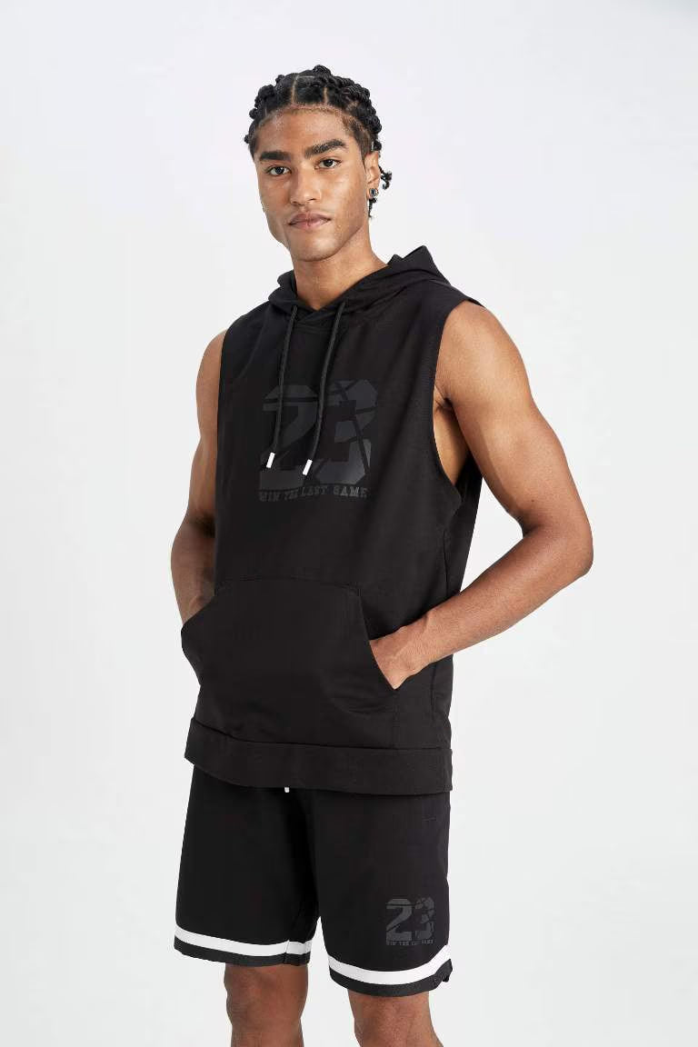 DeFactoFit Standard Fit Printed Hooded Tank Top - -