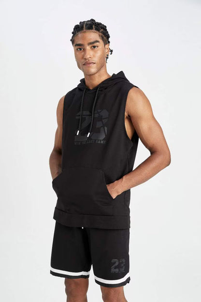 DeFactoFit Standard Fit Printed Hooded Tank Top - -