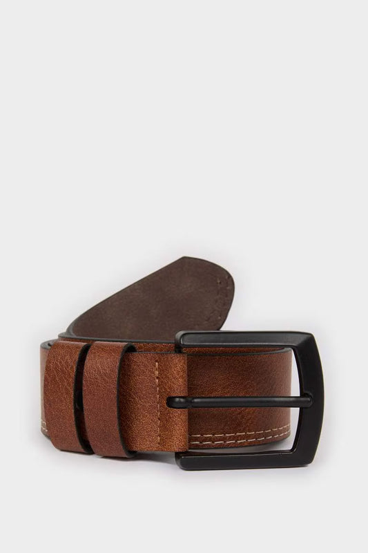 Man Square Buckle Faux Leather Casual Belt - - Brown