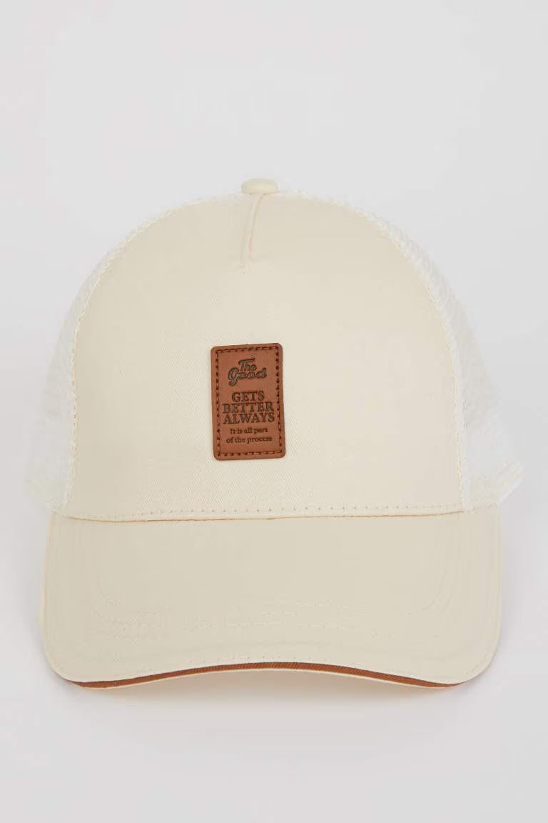 Man Label Printed Woven Baseball Basketball Cap - - Ecru