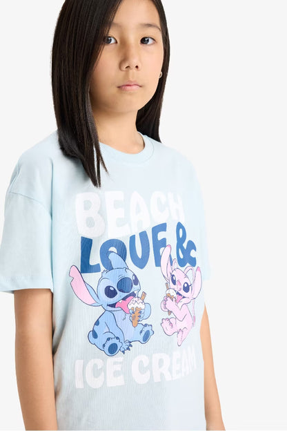Girl Disney Lilo & Stitch Relax Fit Crew Neck T-Shirt - - sky