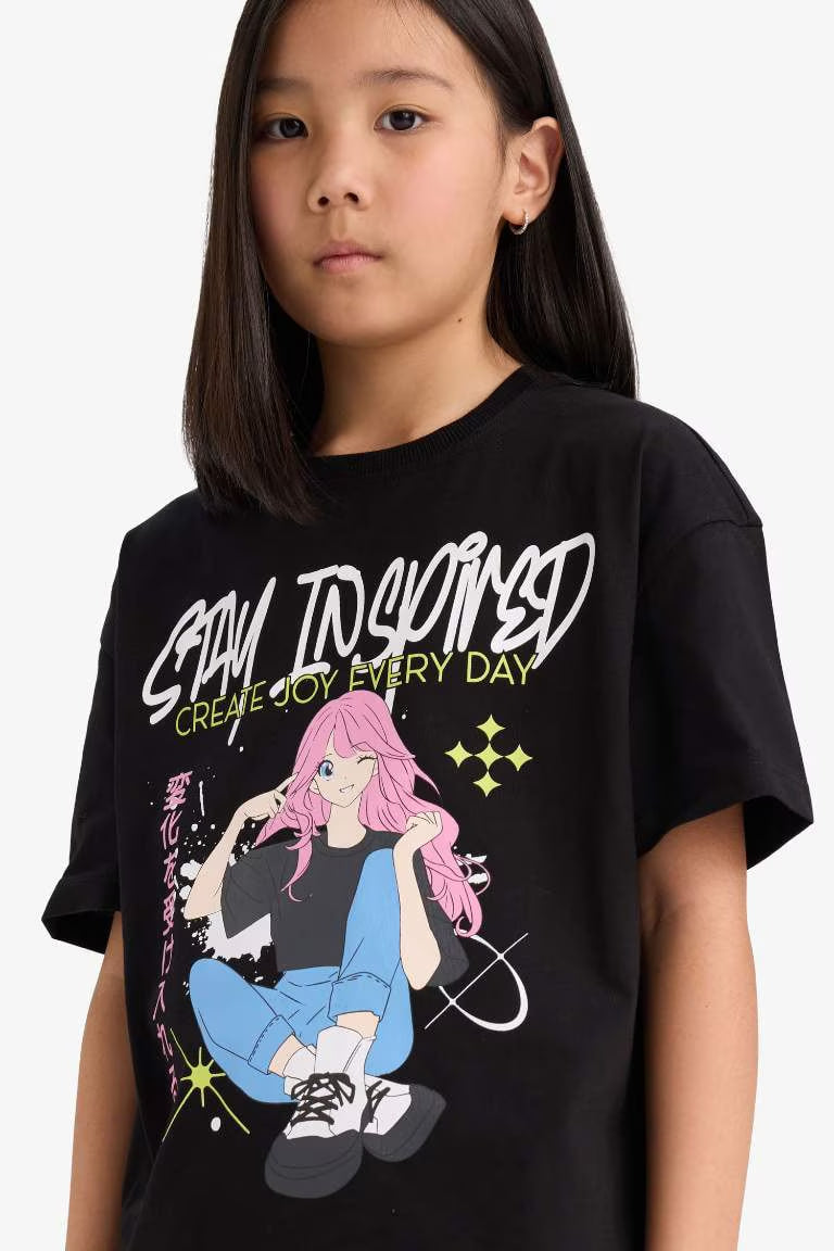 Girl Oversize Fit Crew Neck Slogan Printed T-shirt - - Black