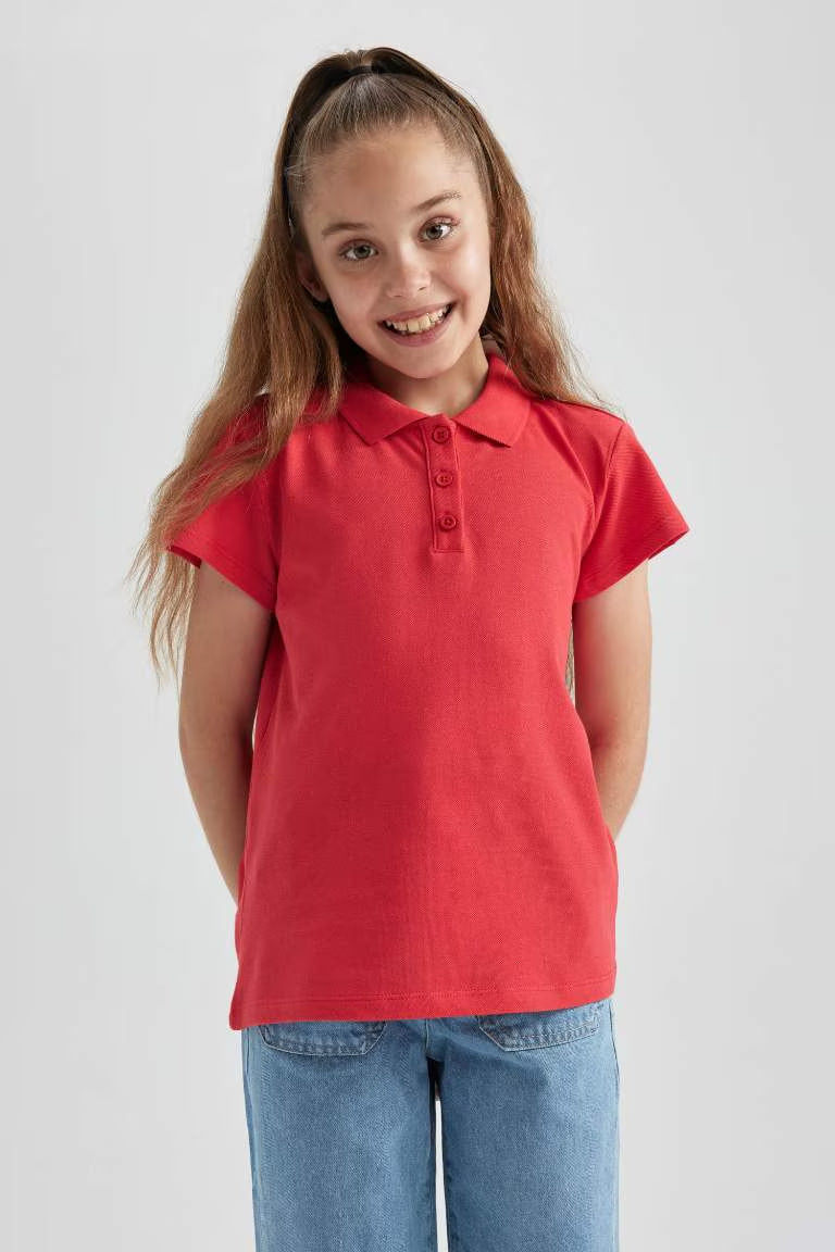 Girl Cotton Short Sleeve Basic Polo T-shirt - - Red