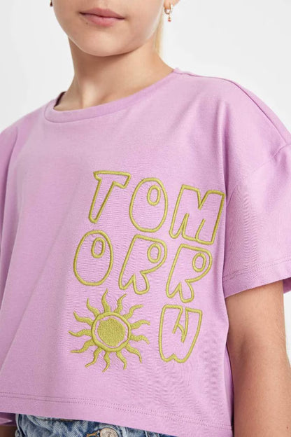 Girl Crew Neck Printed Crop T-Shirt - -