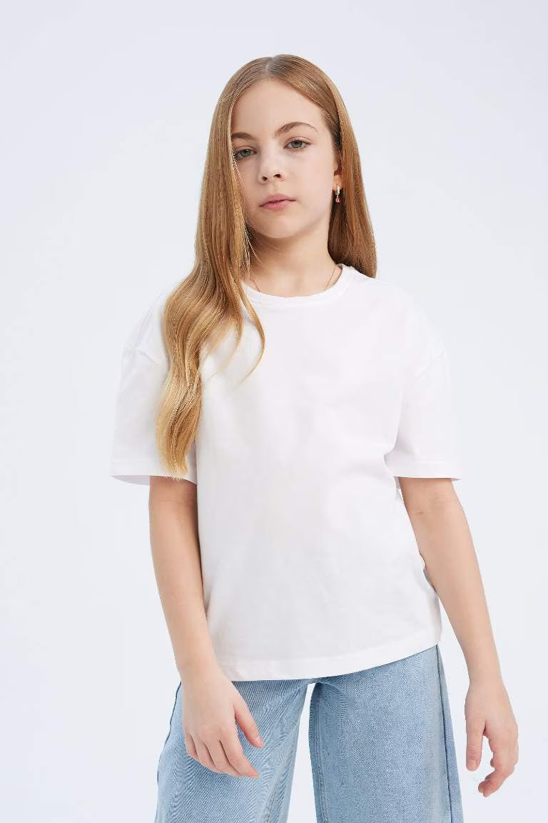 Girl Relax Fit Crew Neck Basic Short Sleeve T-Shirt - - White