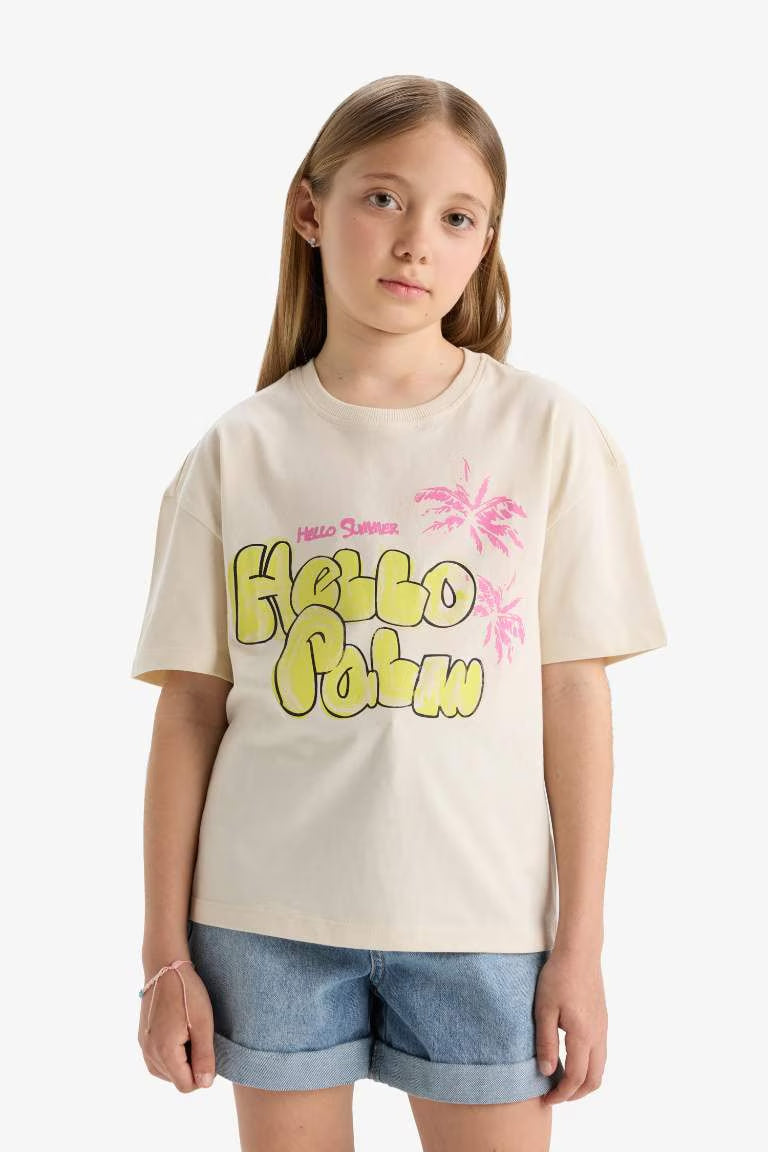 Girl Relax Fit Crew Neck Short Sleeve T-Shirt - - stone