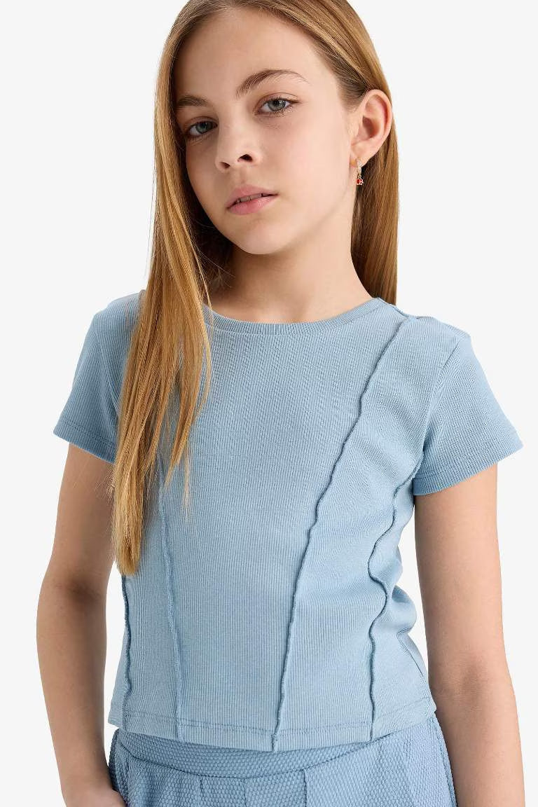 Girl Slim Fit Crew Neck Basic Rib T-Shirt - - Cornflower Blue