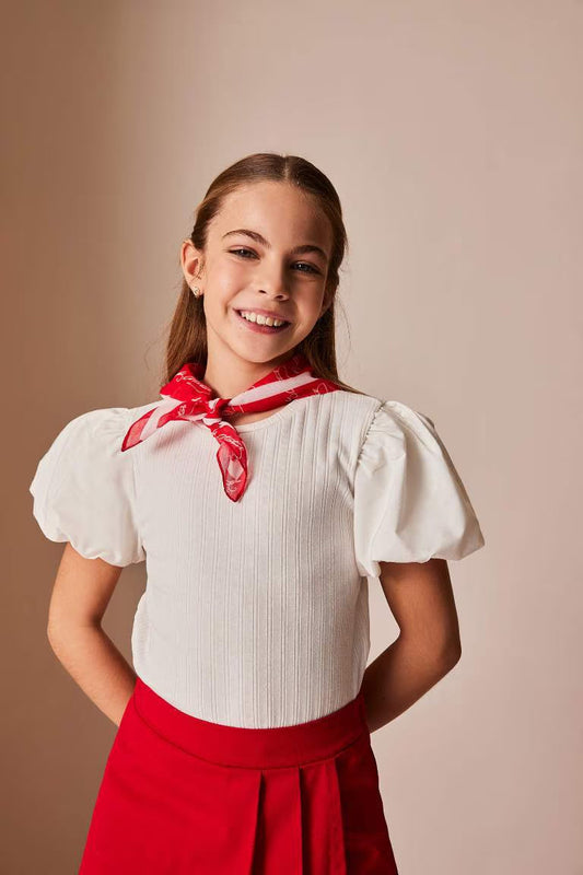 Girl Crew Neck Corduroy Short Sleeve T-shirt - - White