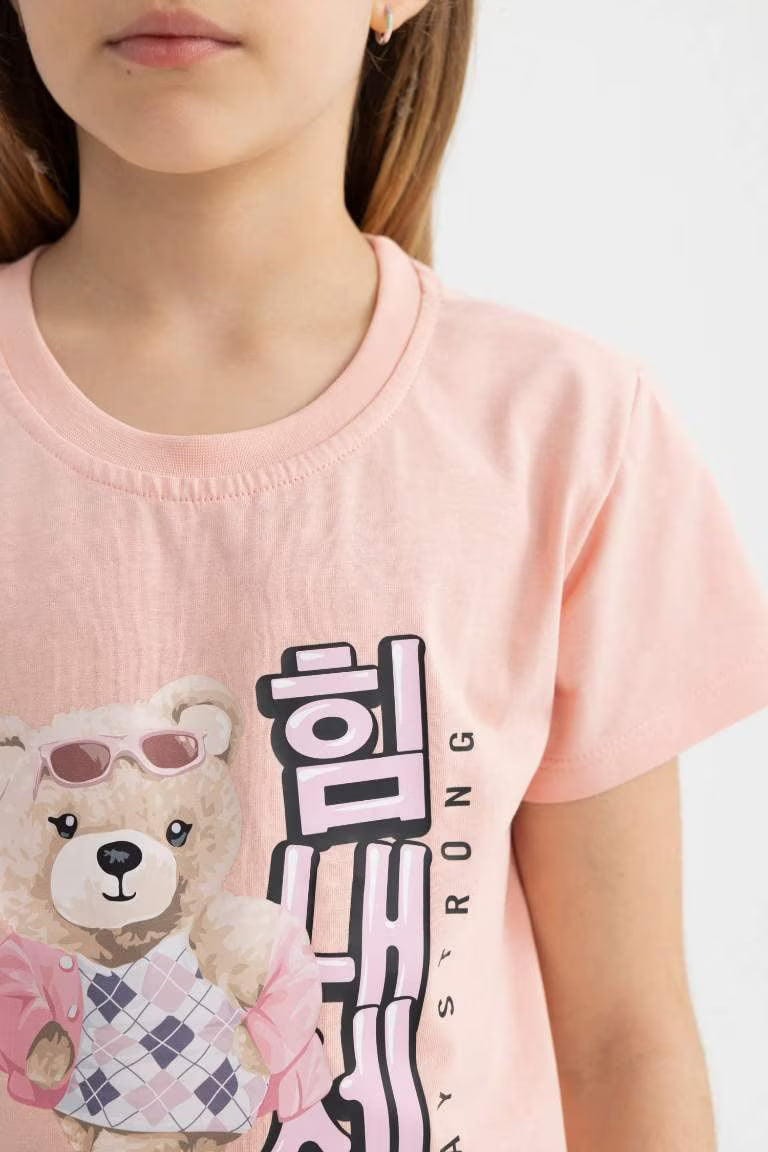 Girl Teddy Bear Printed Short Sleeve T-Shirt - -
