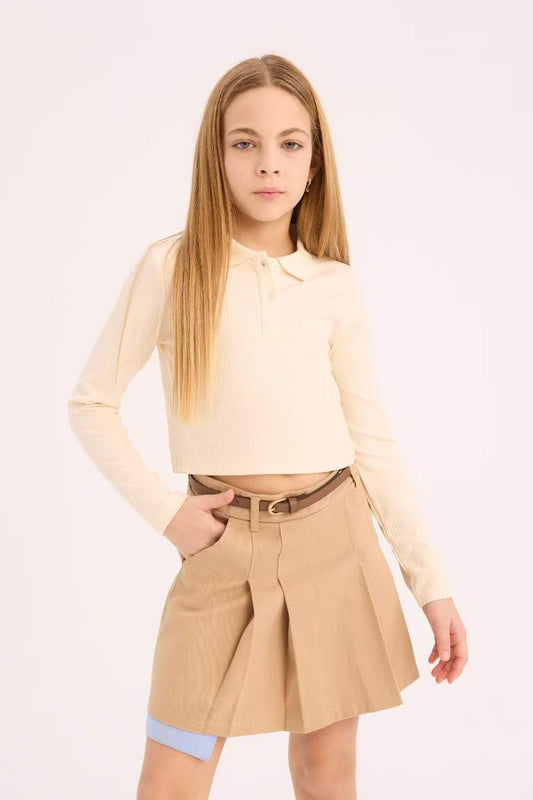 Girl Slim Fit Ribbed Long Sleeve Polo T-Shirt - - Ecru
