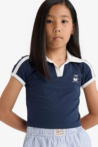 Girl Slim Fit Fruit Printed Polo Shirt - - Navy